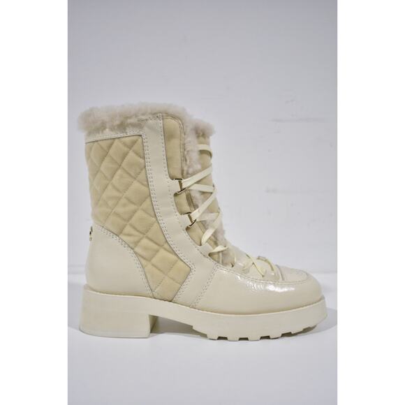 Chanel 21K Ivory Velvet Shearling Fur Brave CC Lace Up Tie Ankle Tall Boots 36 - Picture 3 of 12